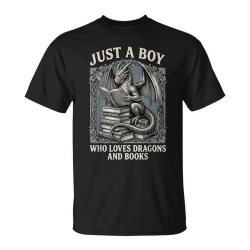 Just A Boy Who Loves Dragons And Books Fantasy Gothic T-Shirt - Bookorys UK