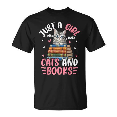Just A Girl Who Loves Books And Cats Cat Reading Girls T-Shirt - Bookorys