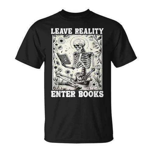 Leave Reality Enter Books Skeleton Reading Book T-Shirt - Bookorys