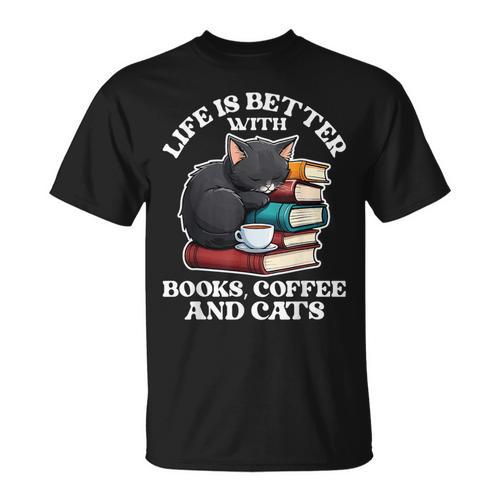 Life Is Better With Books Cats & Coffee Librarian Book Lover T-Shirt - Bookorys AU