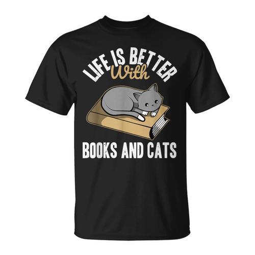 Life Is Better With Books And Cats Cat Owner Books Lover Men Women Kids T-Shirt - Bookorys