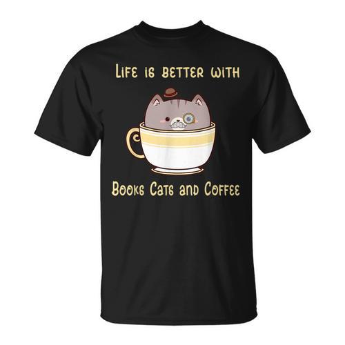 Life Is Better With Books Cats And Coffee Cute Kitten T-Shirt - Bookorys