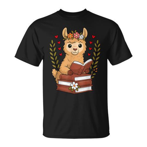 Llama Reading Book Graphic Llama With Book Floral T-Shirt - Bookorys CA
