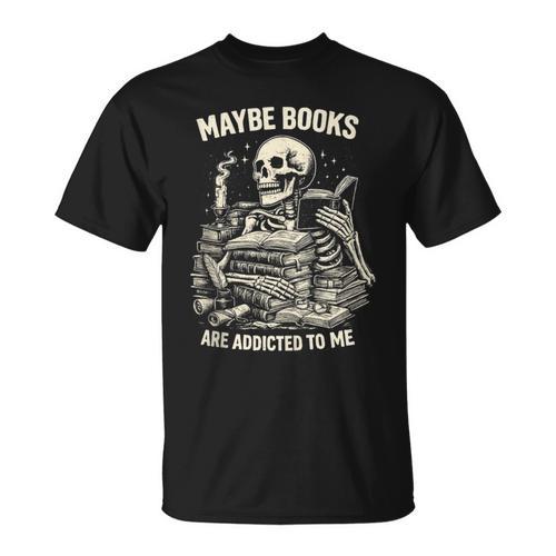Maybe Books Are Addicted To Me Skeleton Reader Retro T-Shirt - Bookorys DE