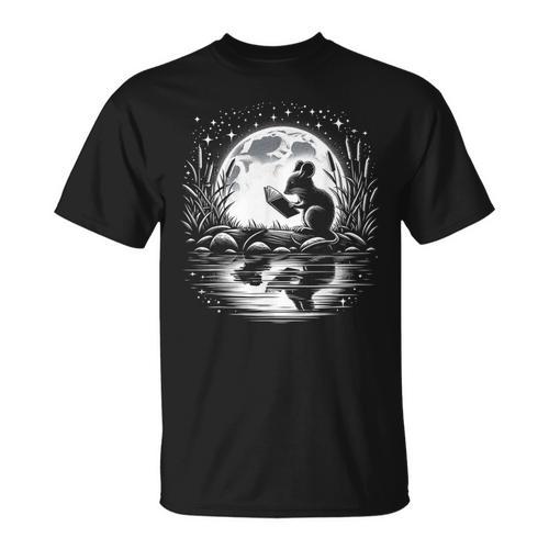 Mouse Reading Book Full Moon Lake Scenery T-Shirt - Bookorys AU