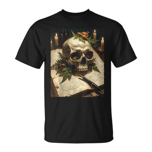 Mushroom Skull On Vintage Book Dark Academia Goblincore Goth T-Shirt - Bookorys AU
