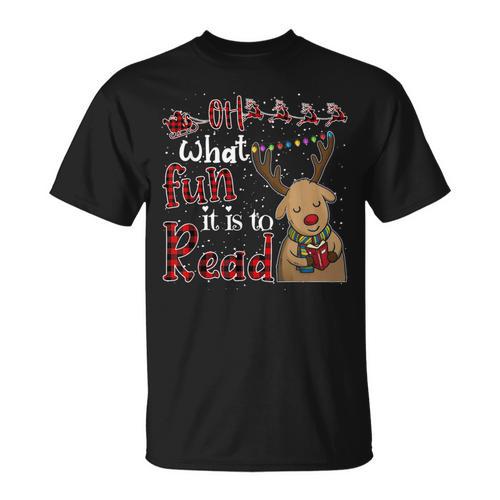 Oh What Fun It Is To Read Christmas Cute Reindeer Read Books T-Shirt - Bookorys