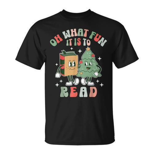 Oh What Fun It Is To Read Christmas Tree Book Lover Groovy T-Shirt - Bookorys