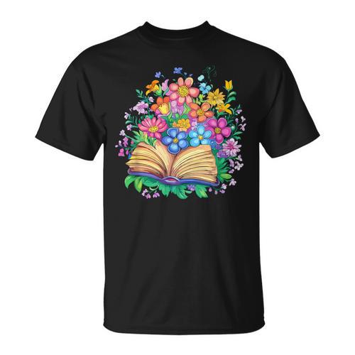 Open Book Surrounded By Colorful Spring Flowers Bloom T-Shirt - Bookorys DE