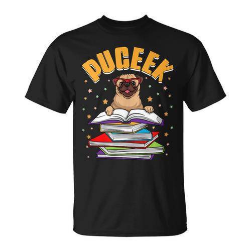 Pug Lovers Who Love To Read PUGEEK Pug With Books T-Shirt - Bookorys