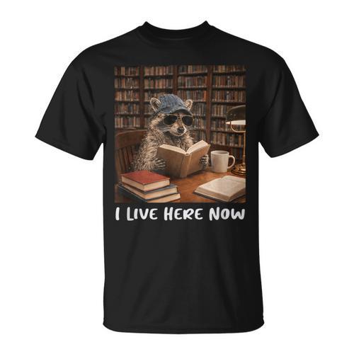 Raccoon I Live Here Now Book Lover Racoon Reading Book T-Shirt - Bookorys CA