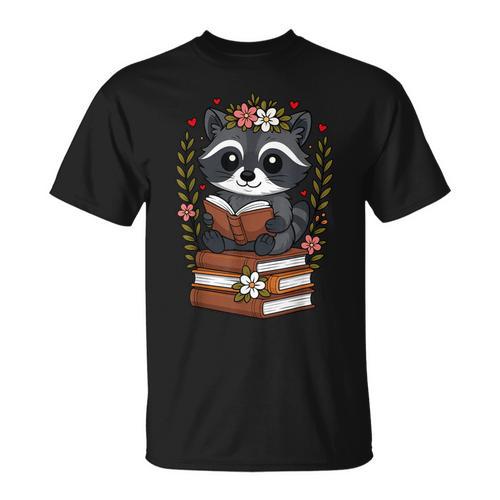 Racoon Reading Book Graphic Racoon With Book Floral T-Shirt - Bookorys UK