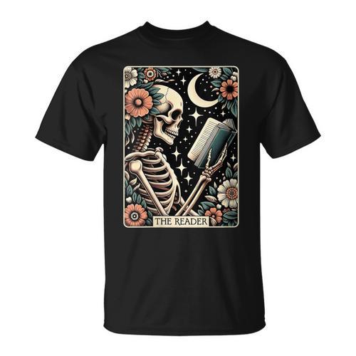 The Reader Tarot Card Skeleton Reading Book Bookworm Bookish T-Shirt - Bookorys