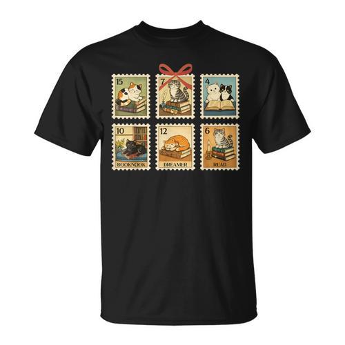 Reading Book Lover Bookish Cat Mom Cat Reading Books Stamps T-Shirt - Bookorys