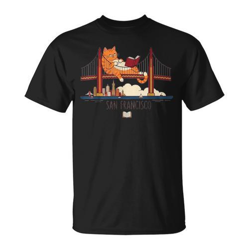 San Francisco Big Cat Reading Book Golden Gate Bridge T-Shirt - Bookorys CA
