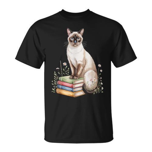Siamese Cat Meezer Bookworm Flowers Book Reading Books T-Shirt - Bookorys