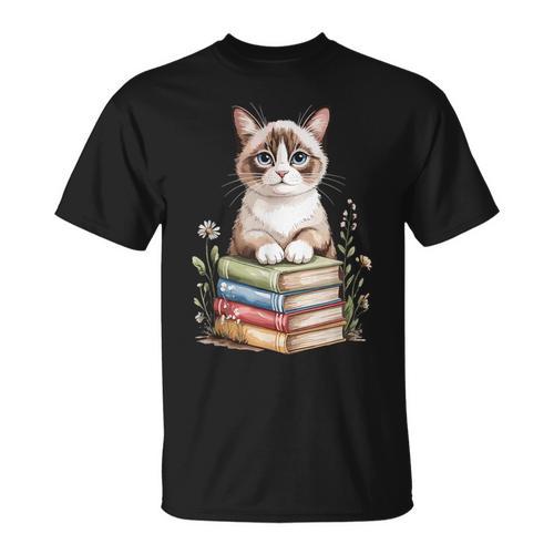 Snowshoe Cat Bookworm Flowers Book Reading Books T-Shirt - Bookorys