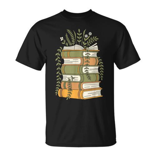 Stacked Books Botanical Vines Cottagecore Illustration T-Shirt - Bookorys CA
