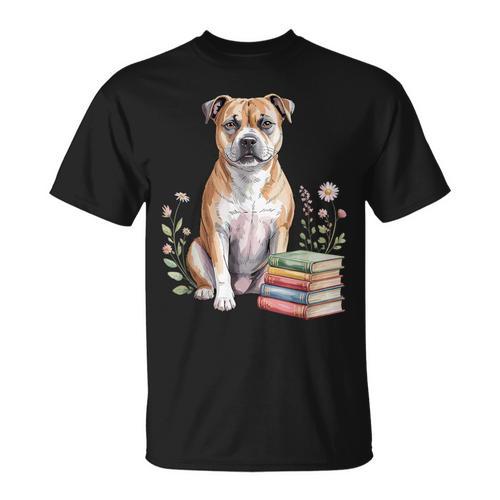 Staffordshire Bull Terrier Books Flowers Book Reading T-Shirt - Bookorys