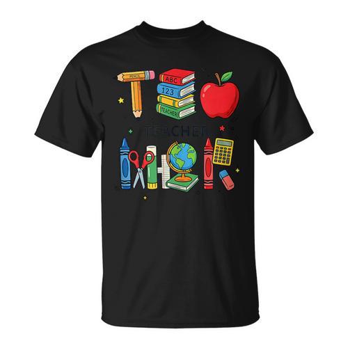 Teacher School Supplies Apple Books Pencil Globe Crayon T-Shirt - Bookorys UK