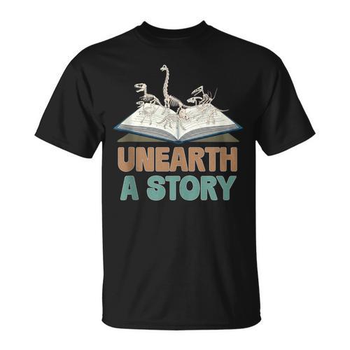 Unearth A Story Skeleton Dinosaur Book Summer Reading 2026 T-Shirt - Bookorys AU