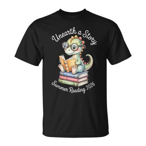 Unearth A Story Summer Reading 2026 Cute Dino Book Lover T-Shirt - Bookorys