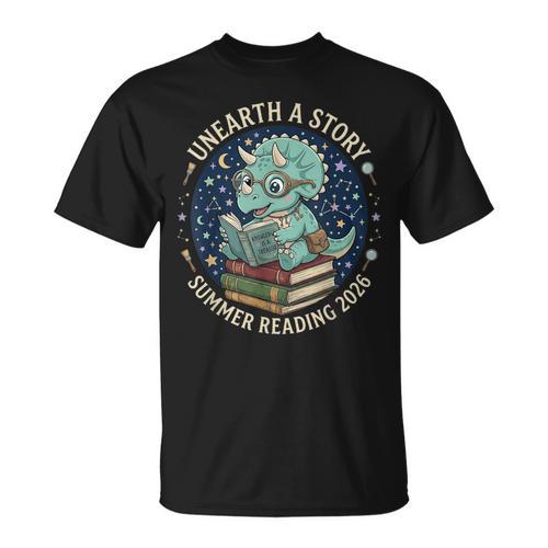 Unearth A Story Summer Reading 2026 Cute Dinosaur Reading T-Shirt - Bookorys