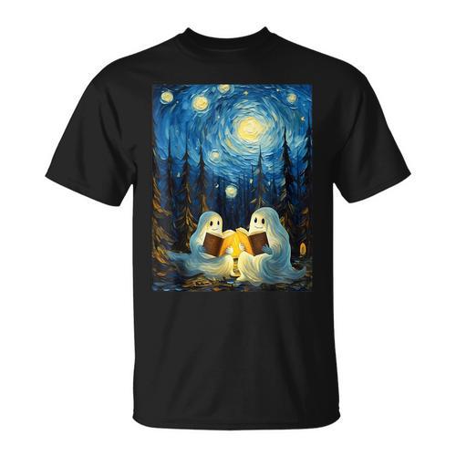 Van Gogh Starry Night Ghost Book Reading Camping Halloween T-Shirt - Bookorys