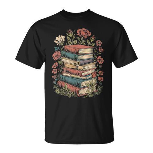 Vintage Books And Flowers Botanical Reading Illustration T-Shirt - Bookorys AU