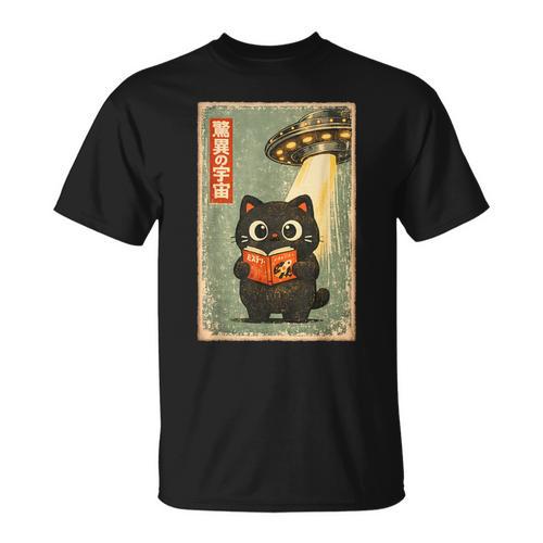 Vintage Japanese Cat Book Lovers UFO Alien Abduction Cat Dad T-Shirt - Bookorys