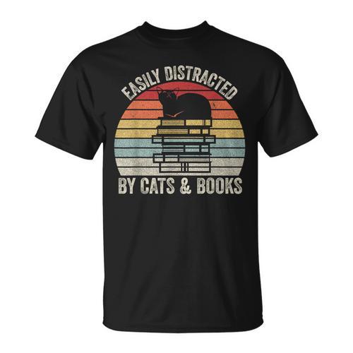 Vintage Retro Easily Distracted By Cats And Books Cat T-Shirt - Bookorys AU