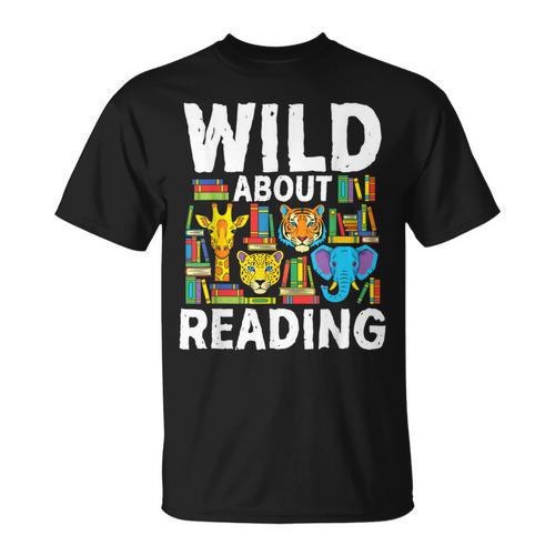 Wild About Reading Safari Animals Books Teacher Student T-Shirt - Bookorys CA