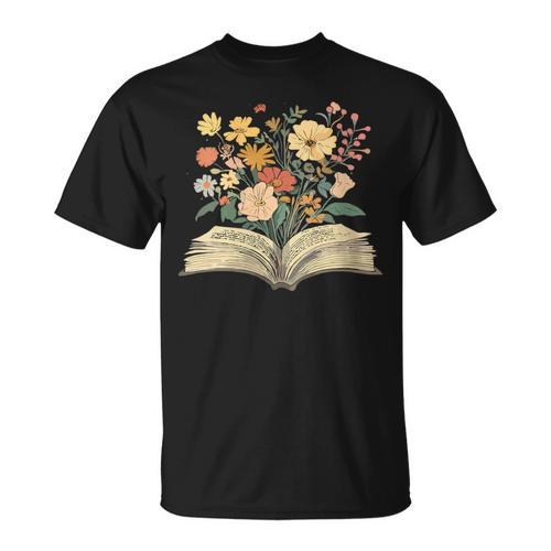 Women Book Lover Wildflowers Cottagecore Boho Flowers Book T-Shirt - Bookorys
