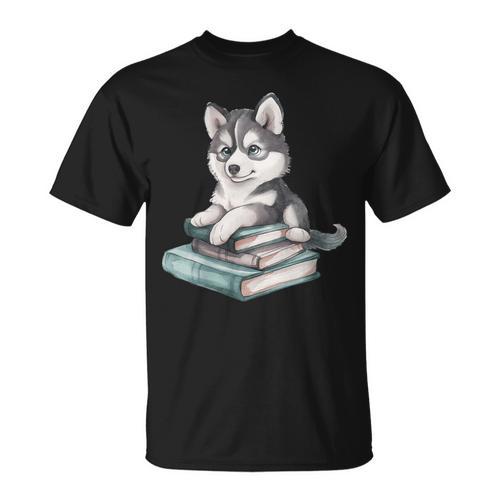Women's Adorable Watercolor Husky Puppy Dog Reading Books T-Shirt - Bookorys AU
