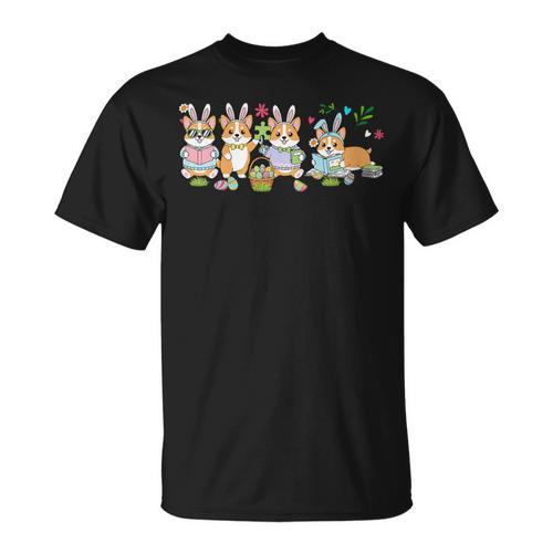 Women's Group Bunny Corgis Easter Reading Book Hunting Eggs Owner T-Shirt - Bookorys UK