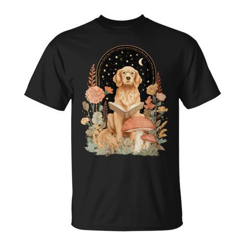 Women's Mushroom Cottagecore Golden Retriever Reading Book Girls T-Shirt - Bookorys DE