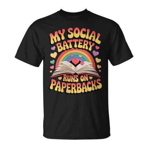 Women's My Social Battery Runs On Paperbacks Groovy Book Lover T-Shirt - Bookorys UK