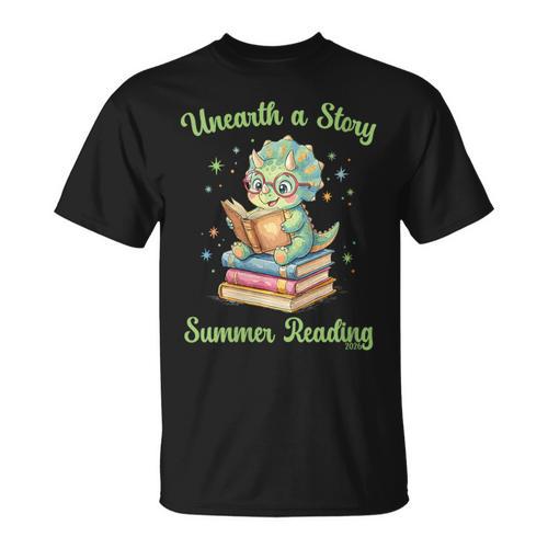Women's Unearth a Story Triceratops Dinosaur Reading Books Cute Dino T-Shirt - Bookorys UK