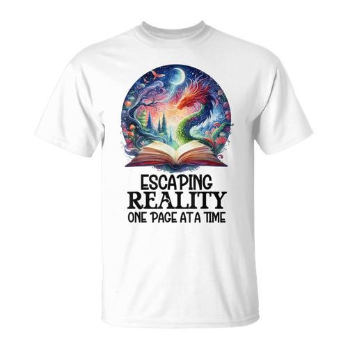 Book Dragon Reading Escaping Reality One Page Bookish Dragon T-Shirt - Bookorys