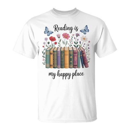 Book Lover Floral Reading Is My Happy Place T-Shirt - Bookorys AU