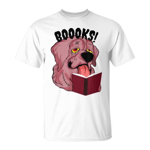 BOOOKS Zombie Dog Reading a Book Halloween Teacher Men Women Kids T-Shirt - Bookorys