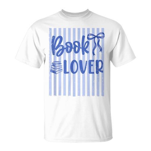 Coquette Book Lover Preppy Blue Stripes Bookworm Reading T-Shirt - Bookorys