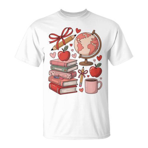 Coquette Teacher School Supplies Bows Books Globe Apple Cute T-Shirt - Bookorys CA