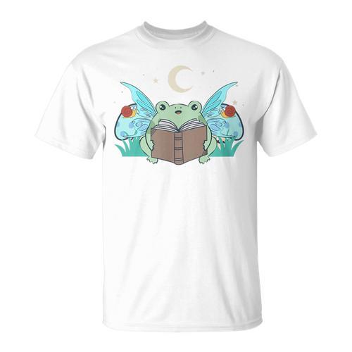Cottagecore Aesthetic Cute Kawaii Frog Fairy Reading Book T-Shirt - Bookorys