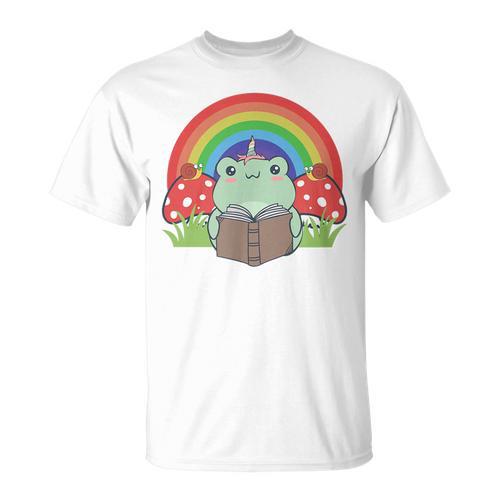 Cottagecore Aesthetic Cute Kawaii Frog Unicorn Reading Book T-Shirt - Bookorys