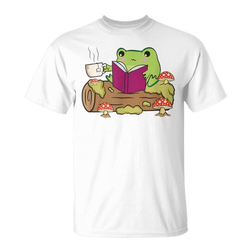 Cottagecore Aesthetic Kawaii Frog Reading Book Bookworm T-Shirt - Bookorys UK