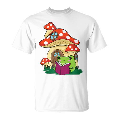 Cottagecore Aesthetic Kawaii Frog Reading A Book Mushroom T-Shirt - Bookorys DE