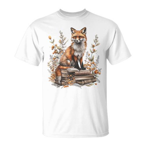 Cottagecore Minimalist Floral Fox With Book Cute Goblincore T-Shirt - Bookorys AU