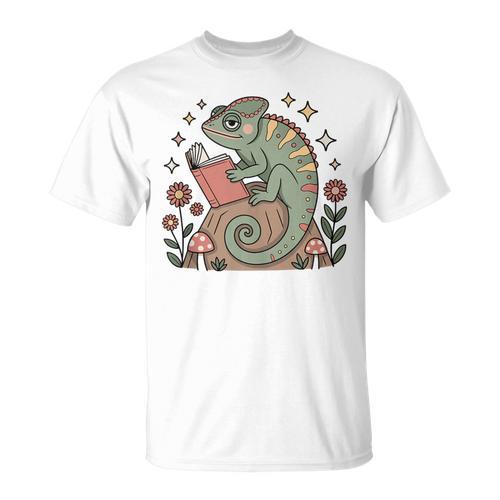 Cute Chameleon Reading Book Cottagecore Aestetic T-Shirt - Bookorys UK