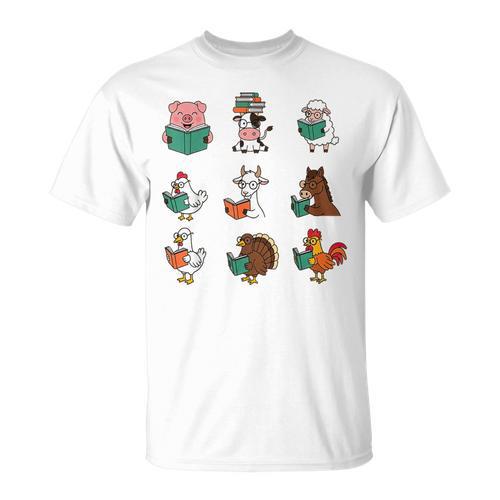 Cute Farm Animals Reading Books Teacher Library Reader T-Shirt - Bookorys UK